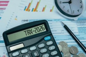 calculator that says "tax-2026" with tax documents in the background